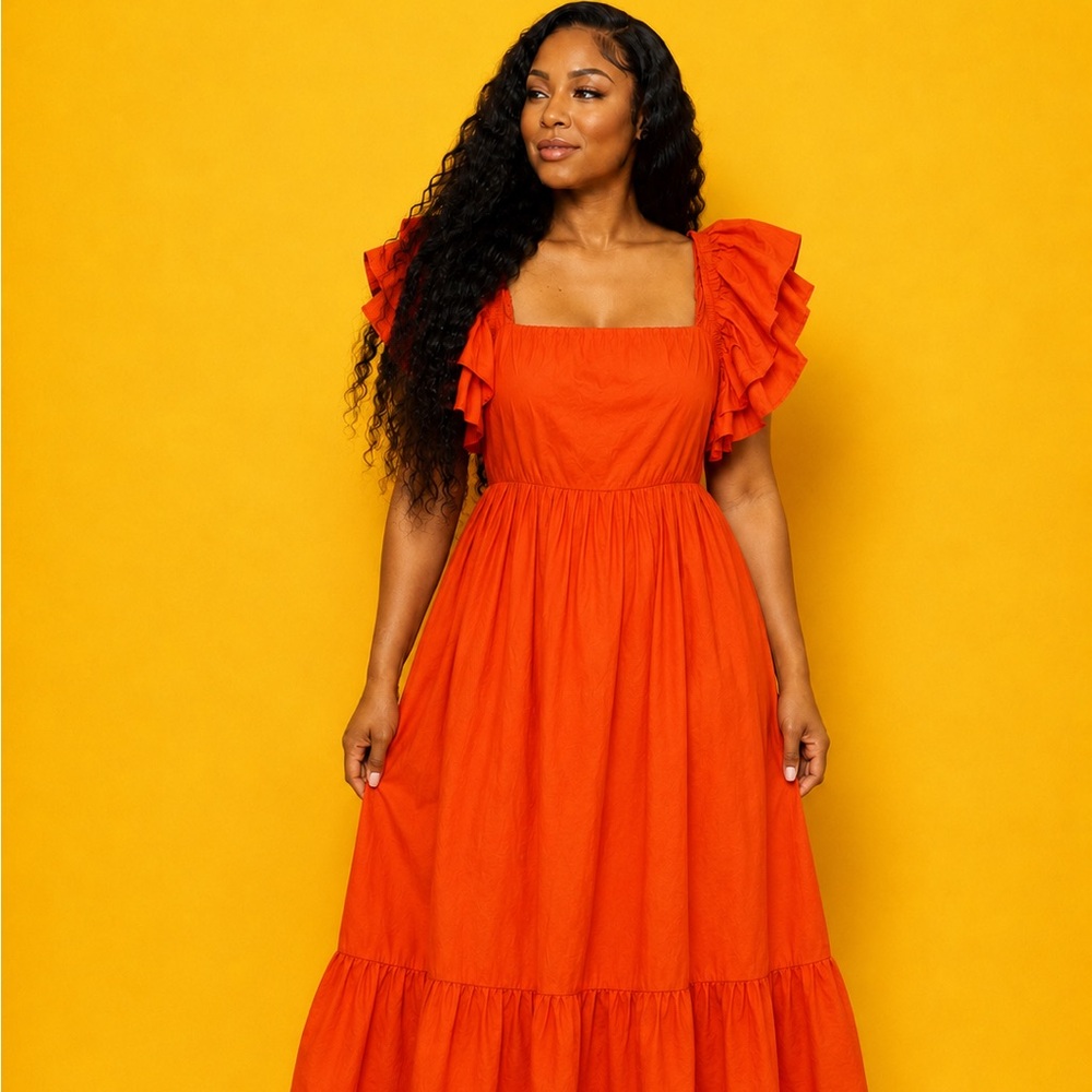 Boohoo Bright Orange Ruffle Sleeve Midi Dress